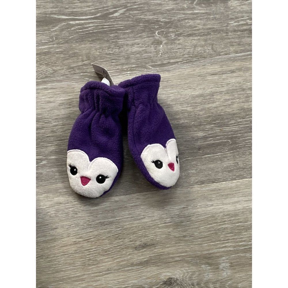 The Childrens Place Girls Purple Print Winter Gloves Mittens SZ 12/24 Penguins